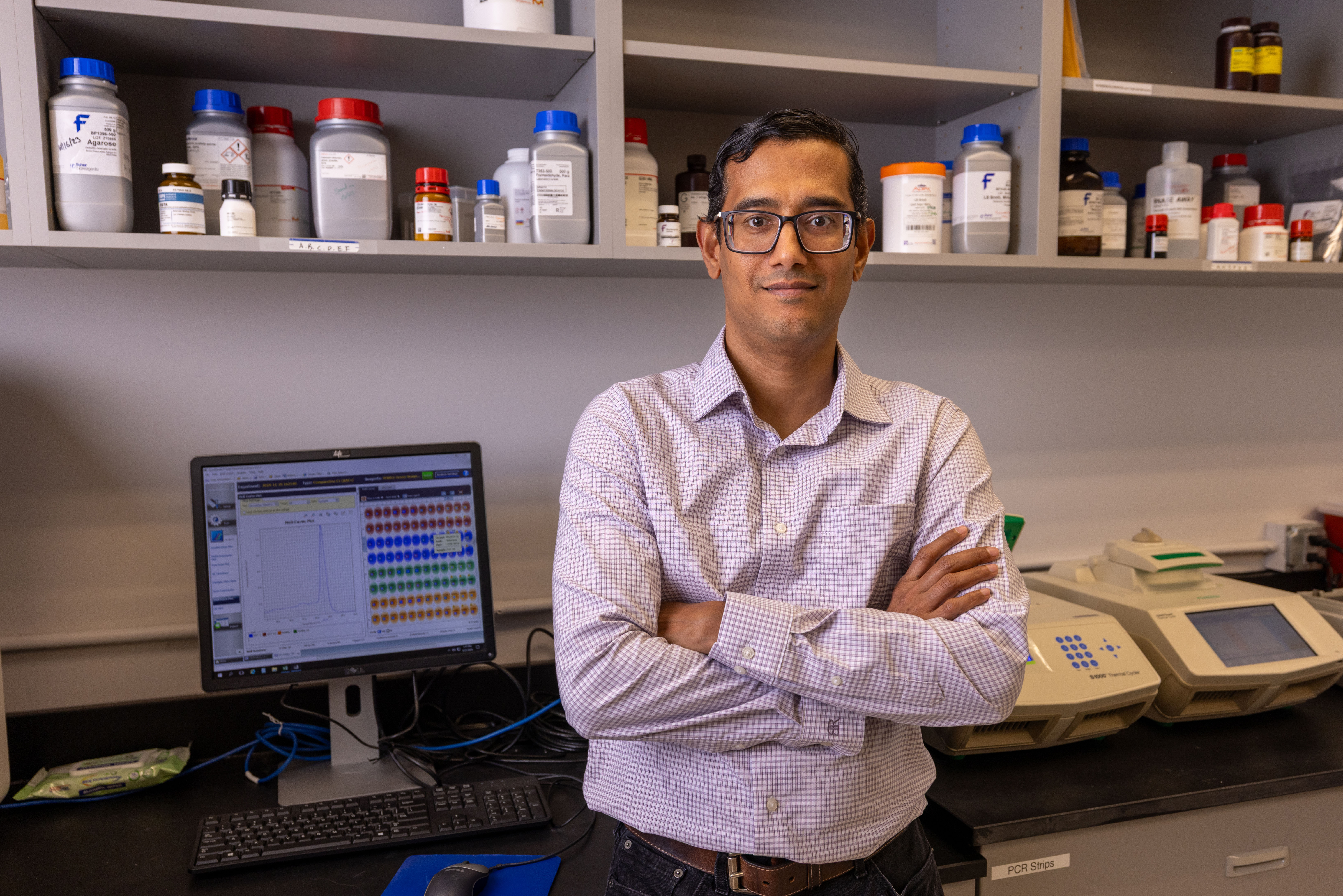 Sunil Sukumaran, assistant professor of nutrition and health sciences at the University of Nebraska–Lincoln, poses in a lab.