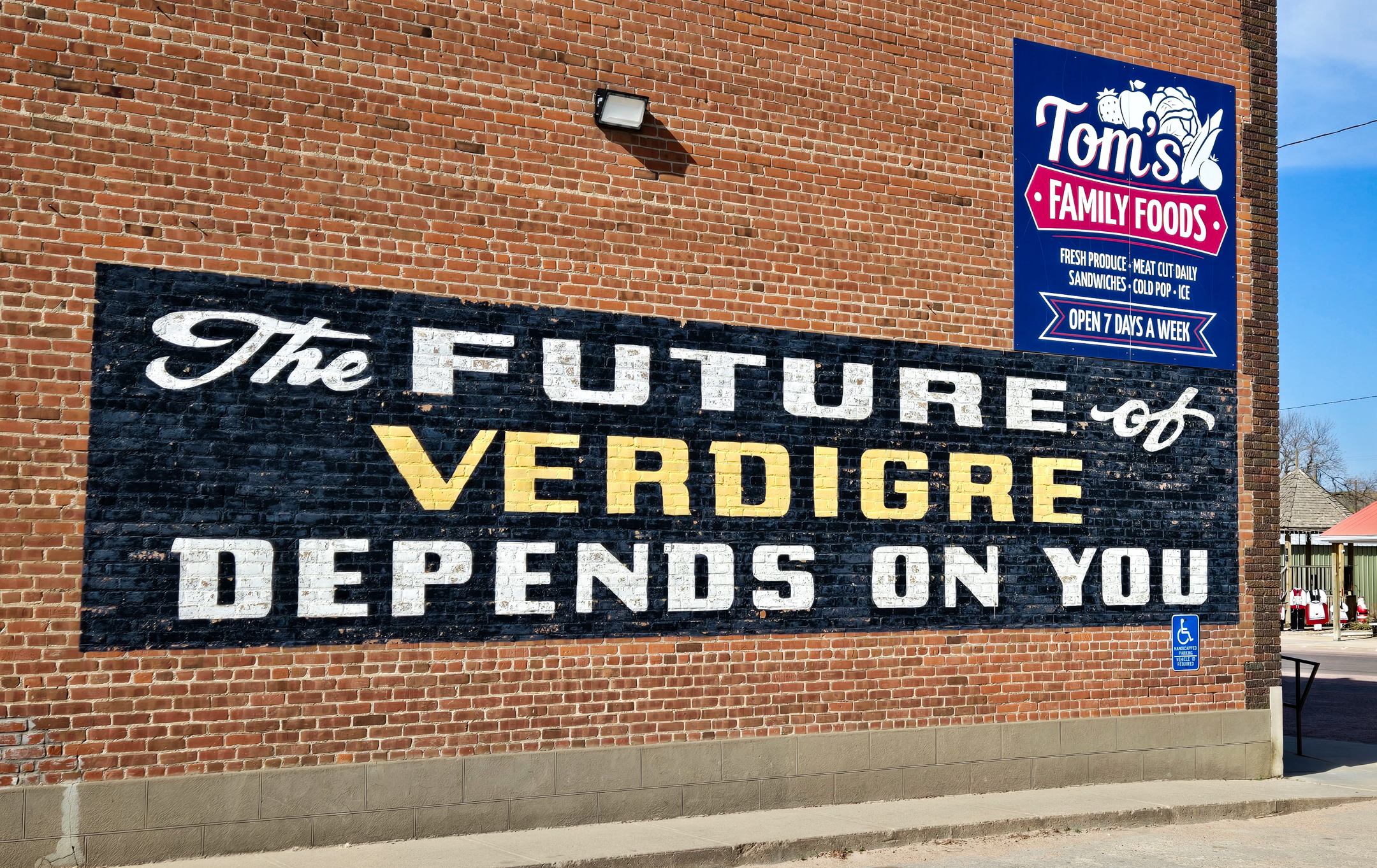 A mural on a brick wall reads "The future of Verdigre depends on you."