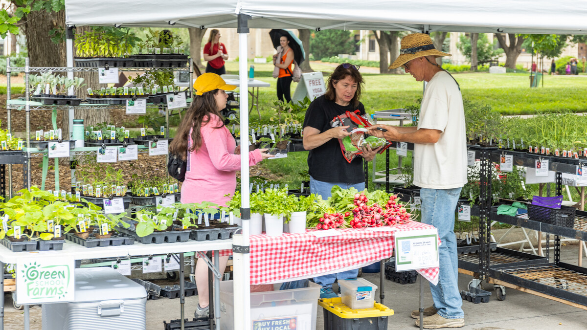 A woman buys produce from Gary Fehr, owner of Green School Farms out of Raymond, Neb., at the East Campus Discovery Days farmers market. 
