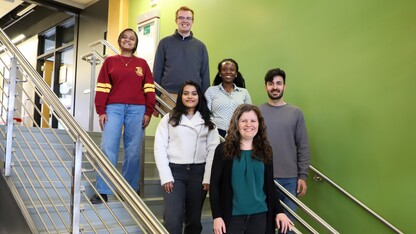 The coordinator for the IANR Writing Fellows program is Christine Booth (front), a lecturer on scientific communication in the College of Agricultural Sciences and Natural Resources. The participating graduate students are: second row from left, Sujani De Silva and Jaber Ghorbani Kahrizsangi; third row from left, Nafisa Lubna and Jennifer Okoliko; and back row, Kevin Steele.