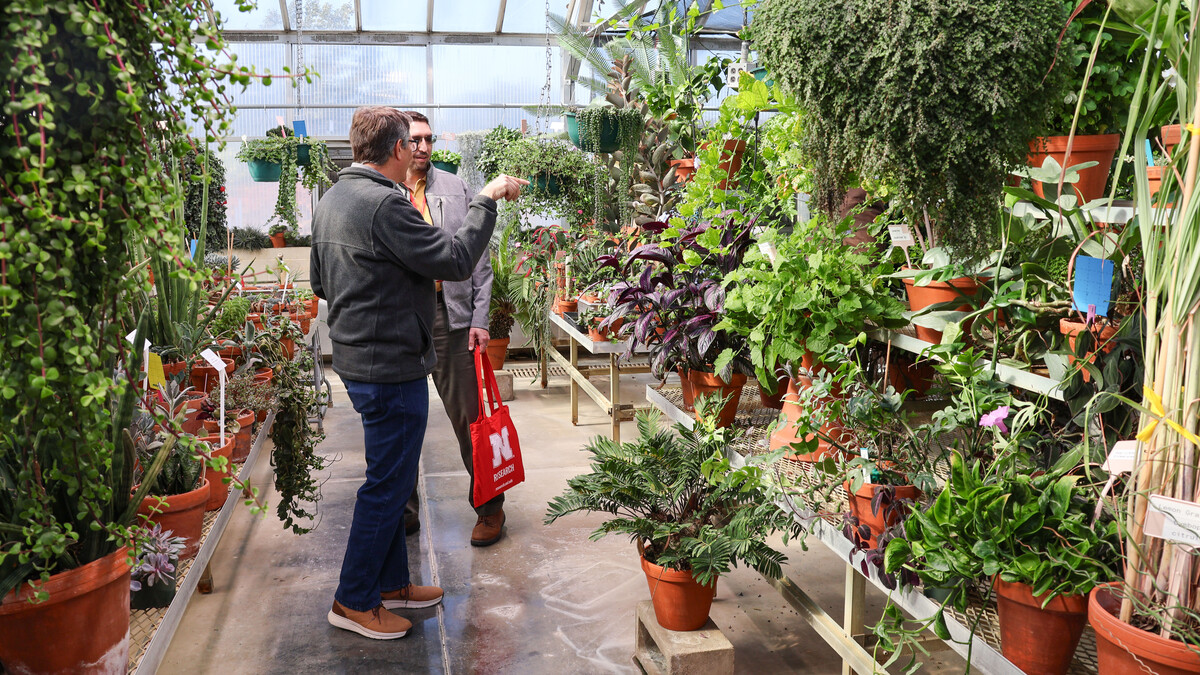 Two men talk in a greenhouse with lush plants.