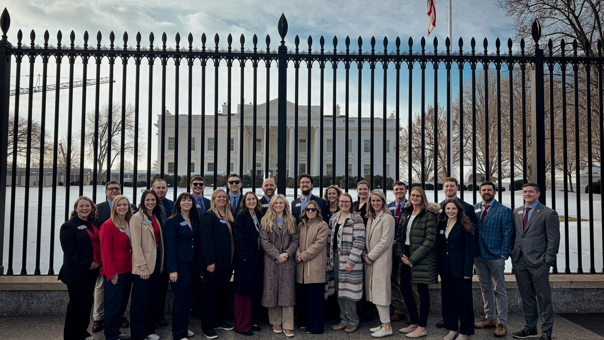 Nebraska LEAD Class 44 stands in front of the White House on February 11, 2026, following a tour during the program’s National Study/Travel Seminar. The visit provided Fellows a firsthand look at the history and operations of the executive branch while exploring the broader role of leadership in public service.