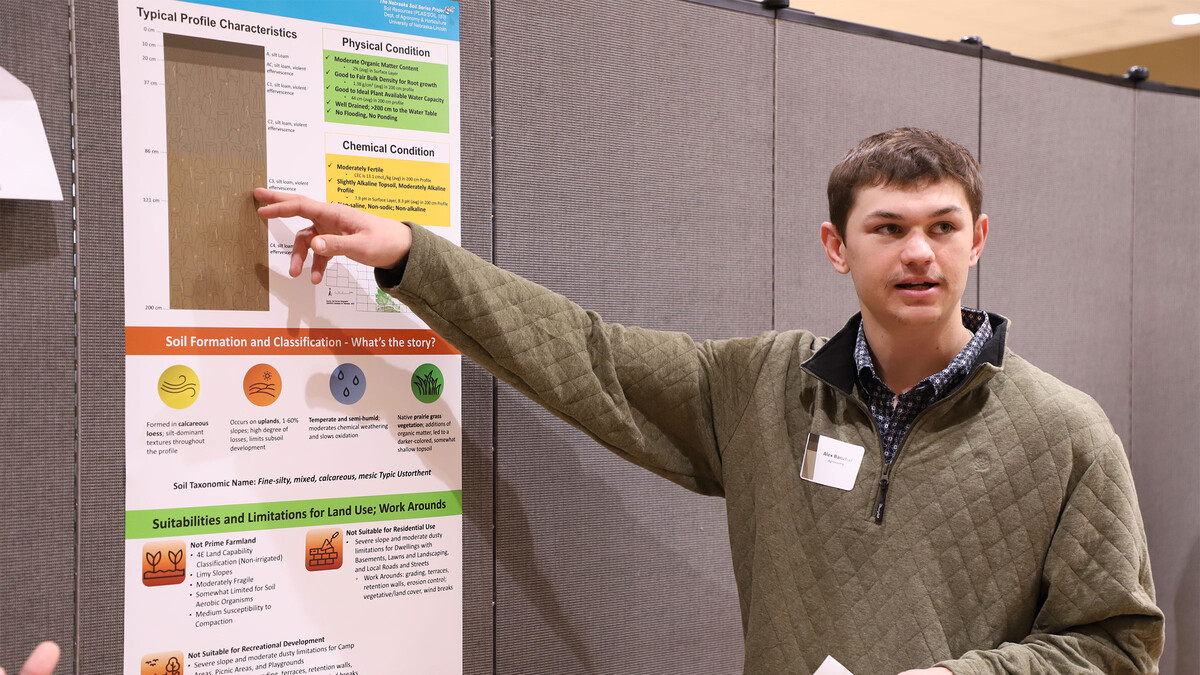 Alex Banzhaf, an agronomy major, presents his Soil Resources infographic poster during “A Tour of Nebraska Soils” during the fall semester 2025. Fran tenBensel Benne | Agronomy and Horticulture Communication 