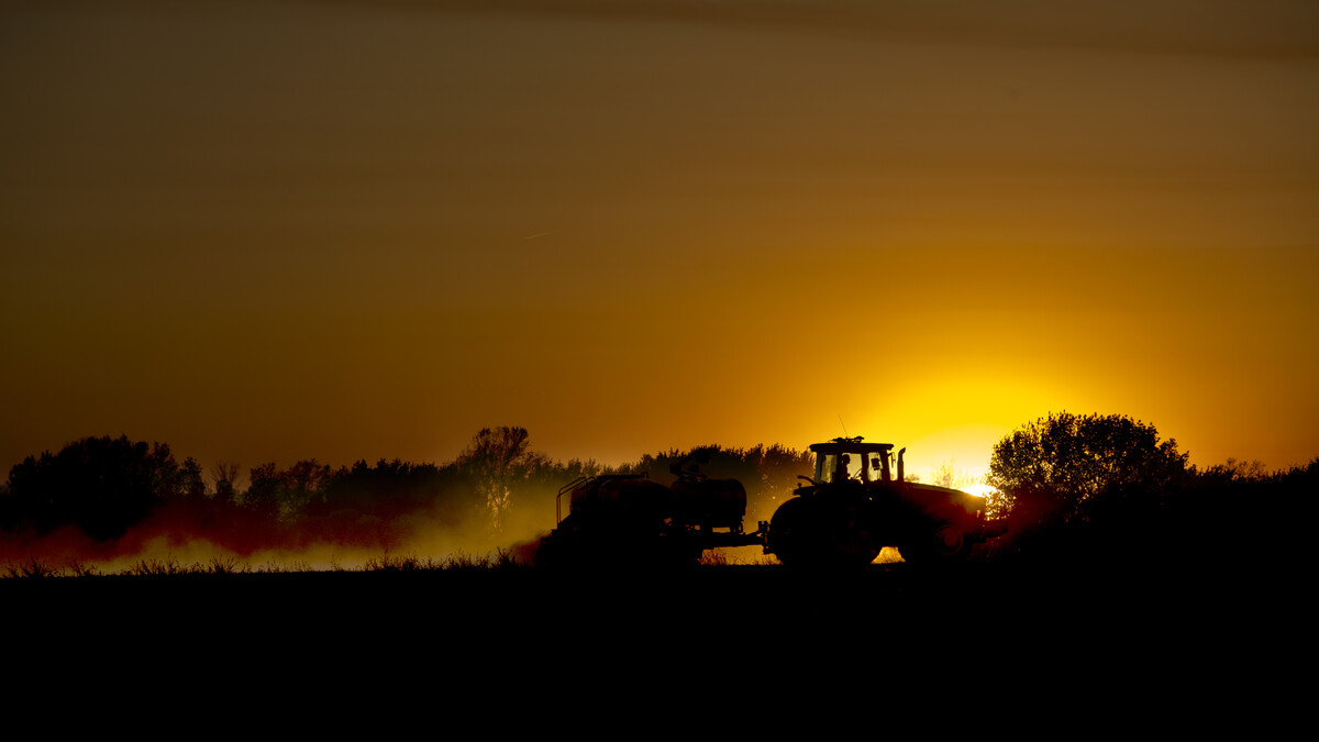 tractor planting in sunset