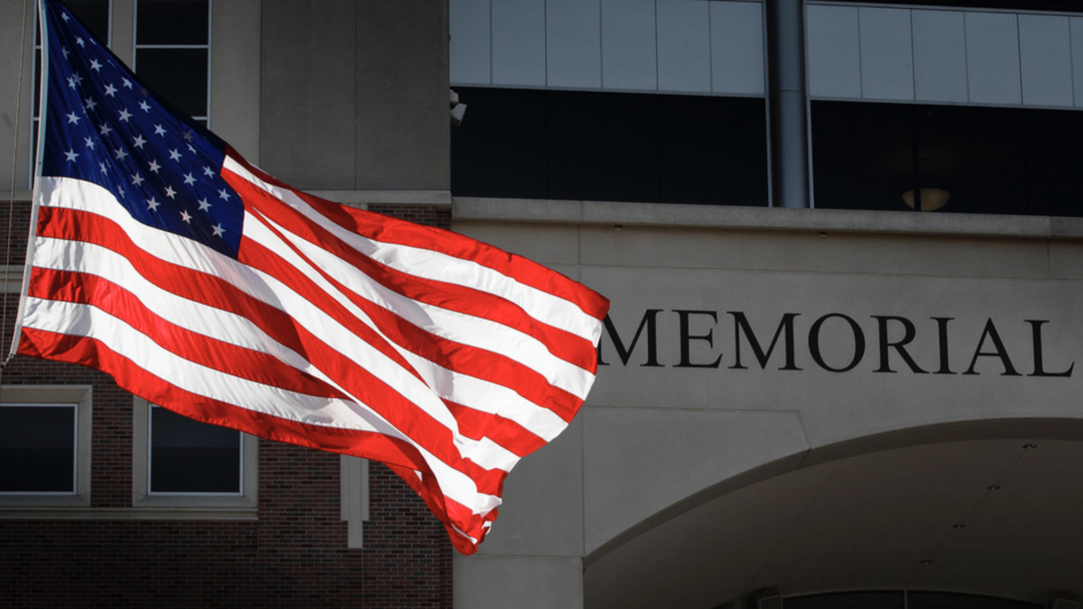 flag in front of Memorial Stadium 