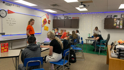 Students sit in a classroom