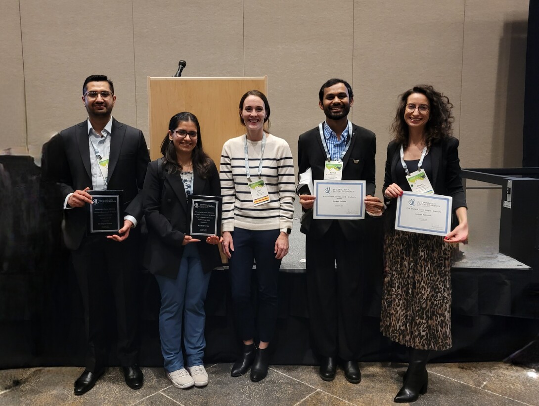 Five award recipients and a presenter pose on a stage at a national entomology conference. From left to right: Sajjan Grover and Kashish Verma hold plaques, Anjel Helms stands in the center as the awards presenter, and Sanket Shinde and Andrea Rilakovic hold certificates.