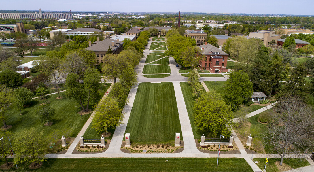 An aerial view of the mall on East Campus with Ag Hall on the left.