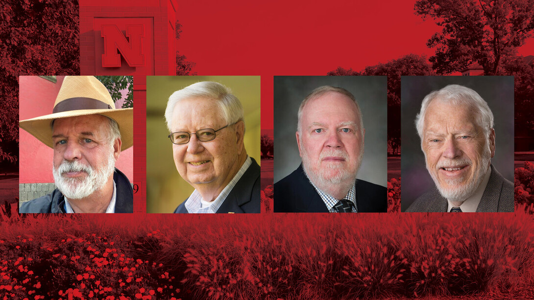 Department of Agronomy and Horticulture 2025 Alumni Lifetime Achievement Award recipients include Thomas S. Payne (from left), Calvin O. Qualset, James “Jim” S. Schepers, and the late James “Jim” Specht.