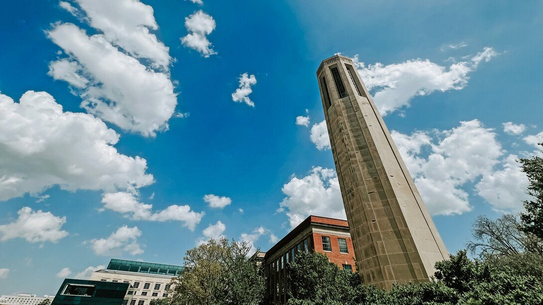 The University of Nebraska–Lincoln's Mueller Tower on a partly cloudy day.