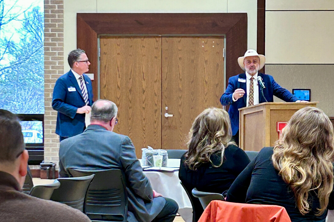 Dean of Nebraska Extension Charlie Stoltenow (right) speaks to attendees at the 2026 Water and Integrated Cropping Systems Conference on March 3 at the University of Nebraska–Lincoln East Campus Union. 