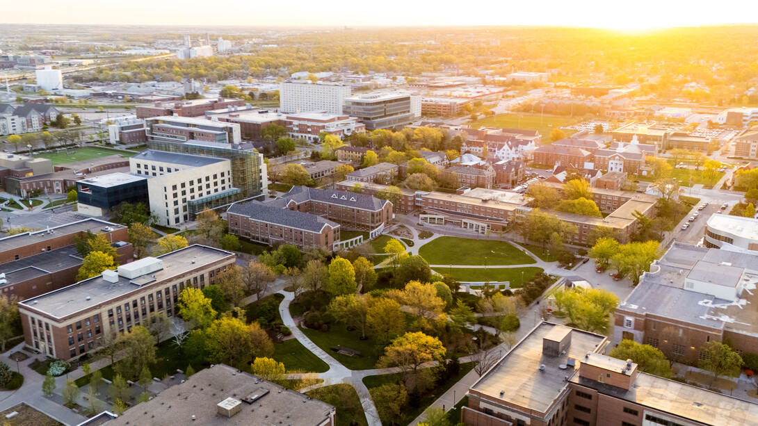 An aerial view of the University of Nebraska–Lincoln's City Campus at sunrise.