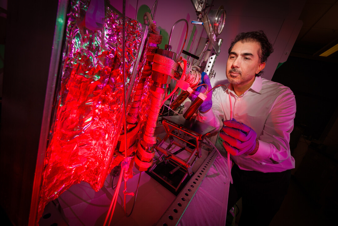 Ozan Ciftci, Kenneth E. Morrison Distinguished Professor in Food Science and Technology and Biological Systems Engineering, operates an integrated supercritical carbon dioxide extractor-bioreactor, using green technology to extract lycopene — a high-value health and wellness-promoting bioactive compound — from tomato waste while simultaneously producing biodiesel. December 13, 2024. Photo by Craig Chandler / University Communication.”