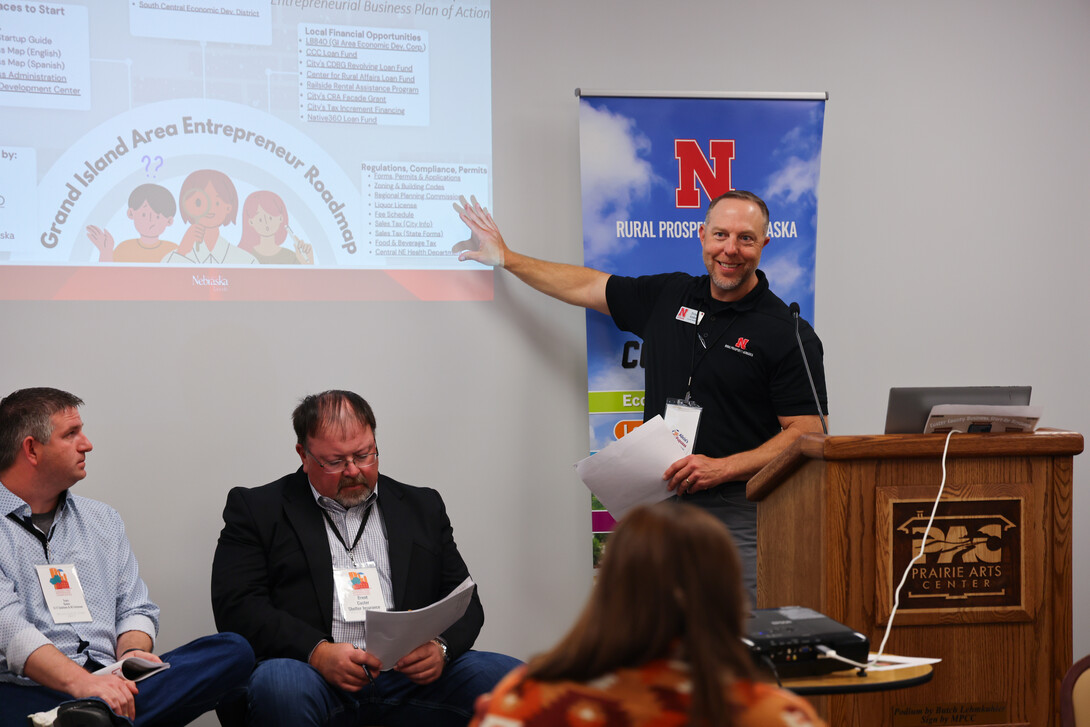 Rural Prosperity Nebraska Extension Educator Shawn Kaskie presents on the eCommunities entrepreneurship program at the 2025 CEC in North Platte.” 