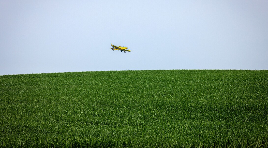 airplane flying over cornfield