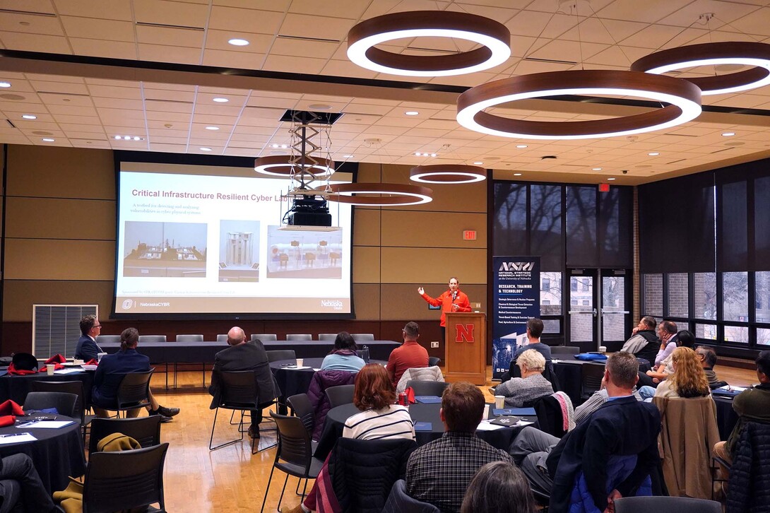 Dr. George Grispos, associate professor of cybersecurity in the School of Interdisciplinary Informatics at the University of Nebraska at Omaha, presents at the food, agriculture and environment security workshop in March 2023 at the University of Nebraska–Lincoln. Dr. Grispos has received nearly $3.5 million in funding from various funding mechanisms including the National Science Foundation, Department of Justice, and the Department of Homeland Security.