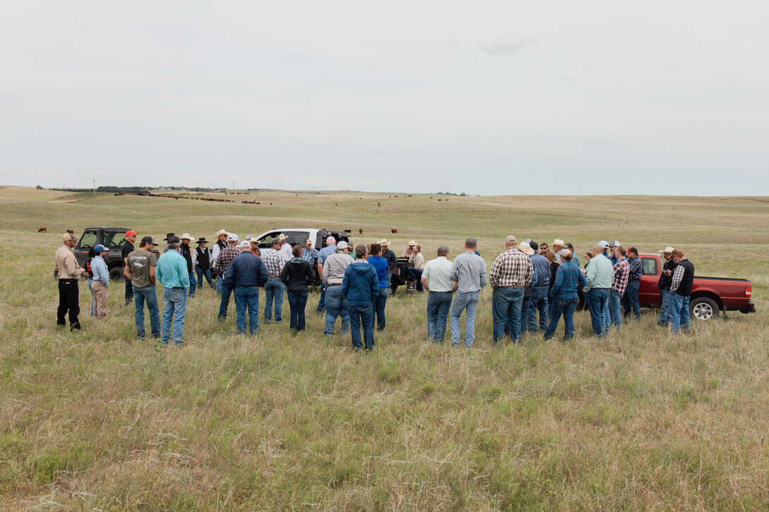produers gathered around for a presentation in a field