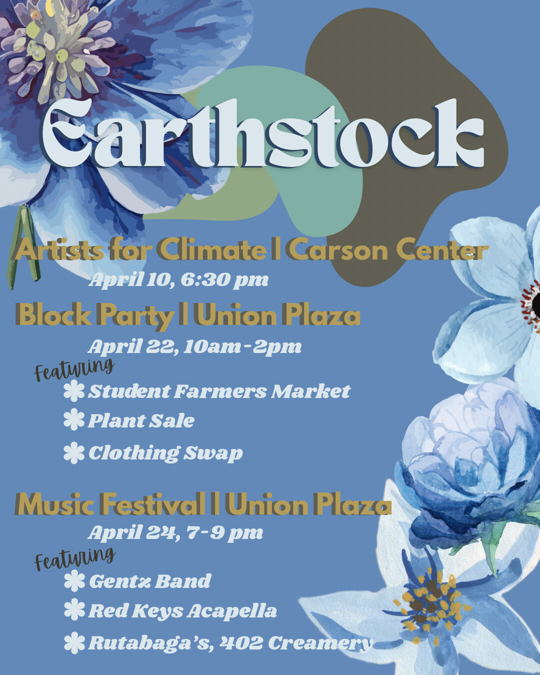 An Earthstock poster shows upcoming events.
