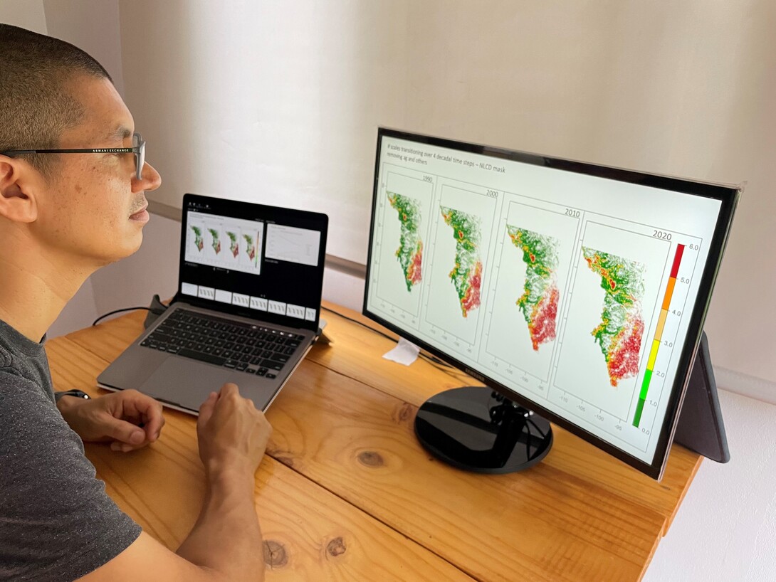 Rheinhardt Scholtz, a University of Nebraska–Lincoln researcher, tracks the advance of trees into grasslands by analyzing data and maps created from the Rangeland Analysis Platform at https://rangelands.app/. He and other Nebraska-Montana EPSCoR scientists developed guidance on the best use of time and money in resisting, accepting or directing tree invasions on grasslands.
