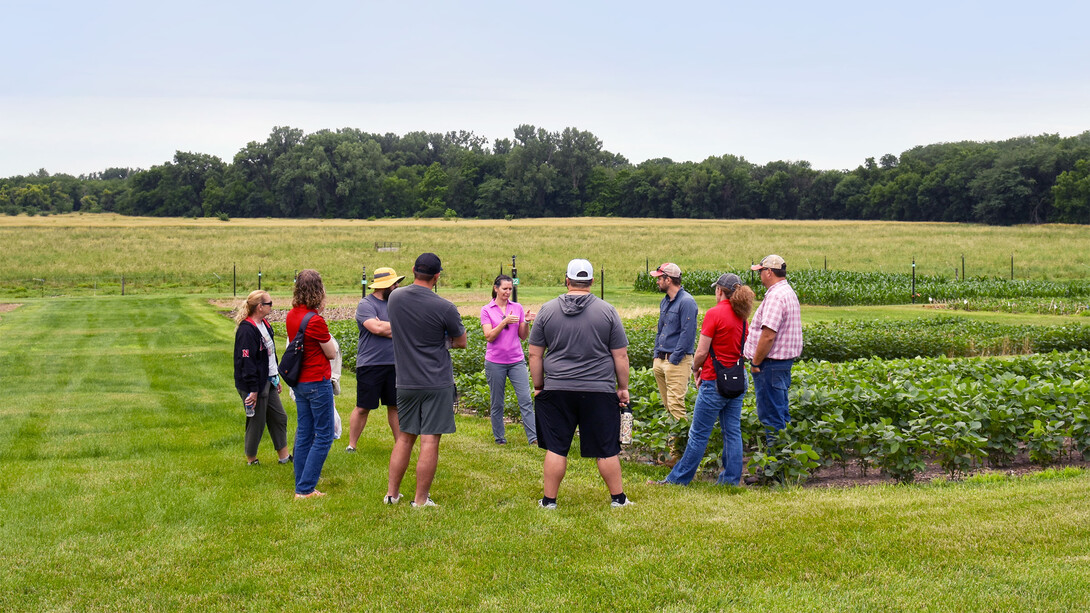 Meghan Sindelar, associate professor of practice in agronomy and horticulture, speaks to 2025 Summer Soybean Institute particpants at the Eastern Nebraska Research, Extension and Education Center. Photo: Abigayle Warm