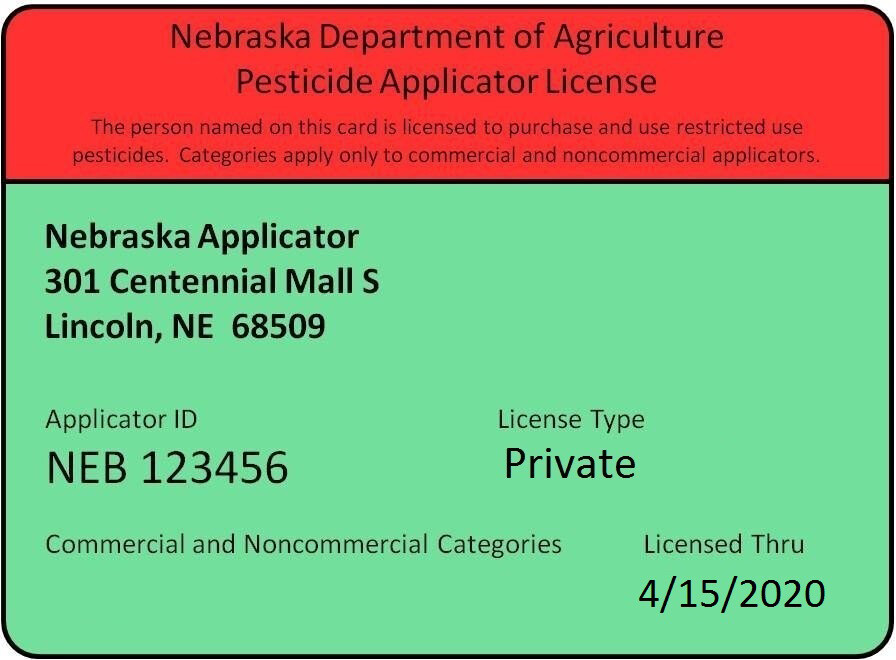 Nebraska Department of Agriculture Pesticide Applicator License example