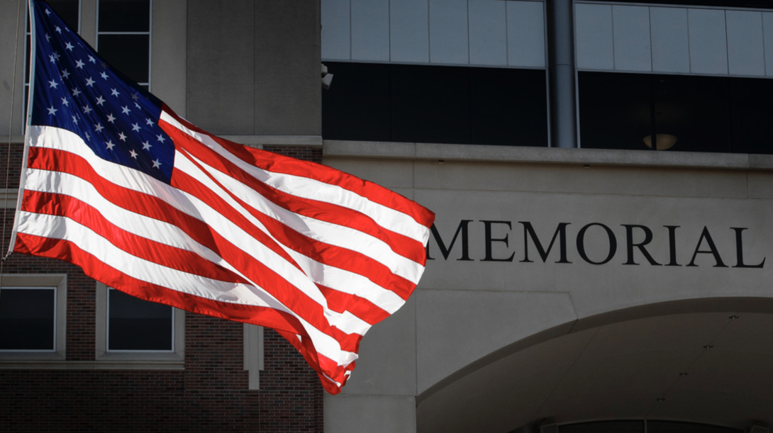 flag in front of Memorial Stadium