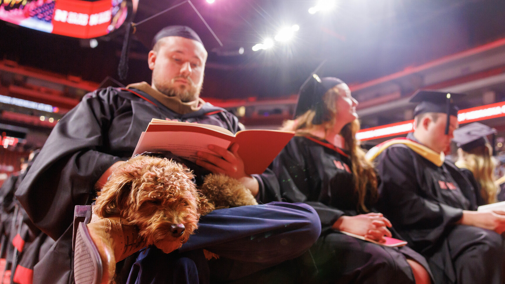 A shaggy brown dog rests on a male graduate's lap as the graduate reads the program.
