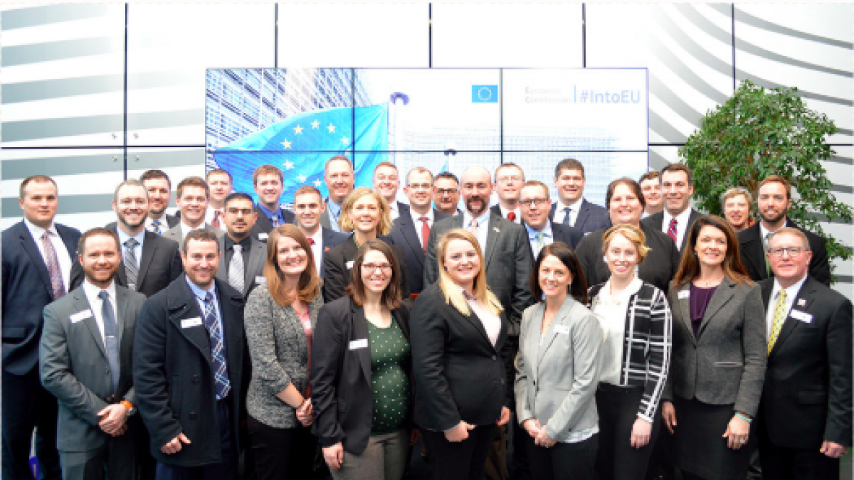 LEAD 37 fellows pose at the European Commission offices in Brussels, Belgium, during their recent trip.