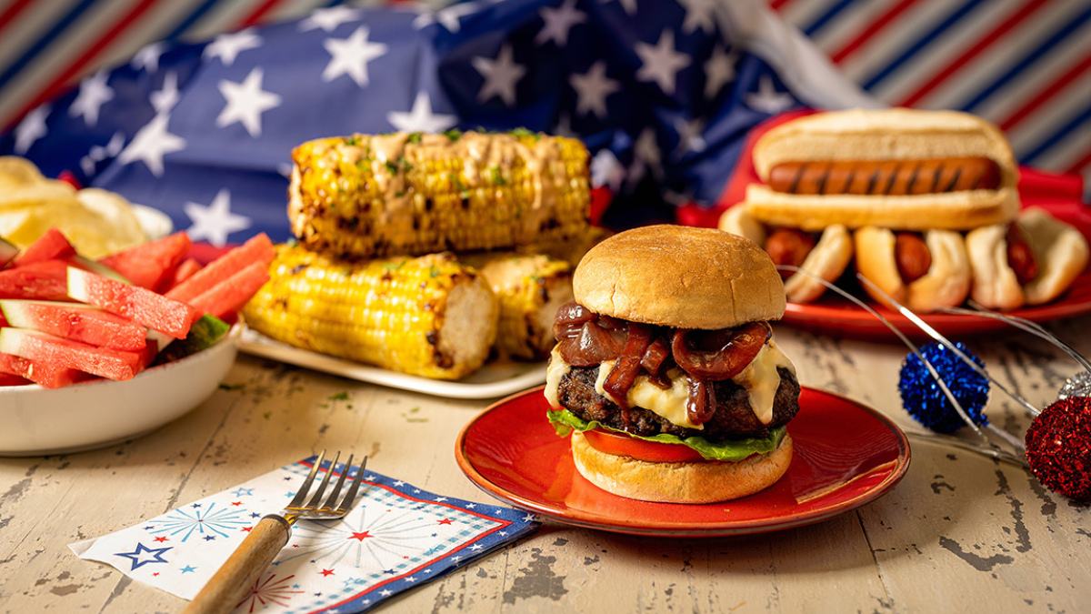 Food is seen on a backdrop of red, white and blue