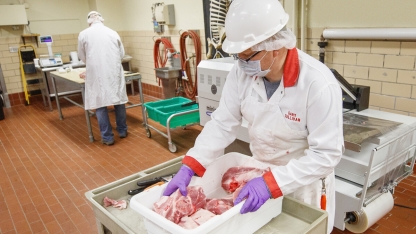A worker processing pork
