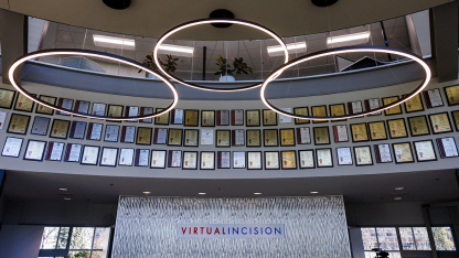 The wall of patents is on display at the headquarters of Virtual Incision.