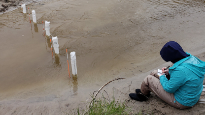 A scientist is seated next to the Loup River, taking measurements of groundwater levels in this 2019 file photo.