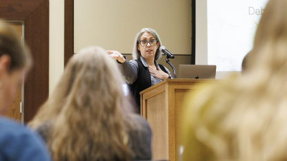 Deborah Bathke, interim state climatologist, talks during the Climate Resilient Communities Symposium.