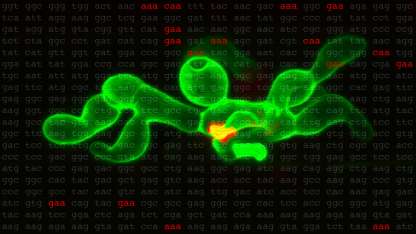Stylized image of a fluorescent green effector protein surrounded by bits of genetic code