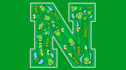 A golf course map is imposed on the Nebraska 'N'